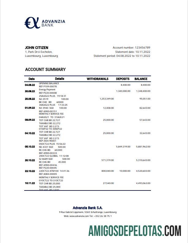 Extrato bancário do Luxemburgo Advanzia para download, modelo Excel e PDF